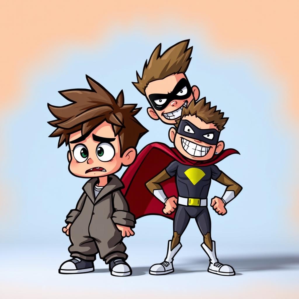 Two cartoonish figures: the first figure is cartoon-styled and looks scared, with wide eyes, raised eyebrows, and a trembling posture