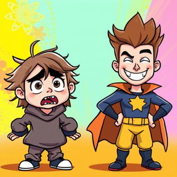 Two cartoonish figures: the first figure is cartoon-styled and looks scared, with wide eyes, raised eyebrows, and a trembling posture