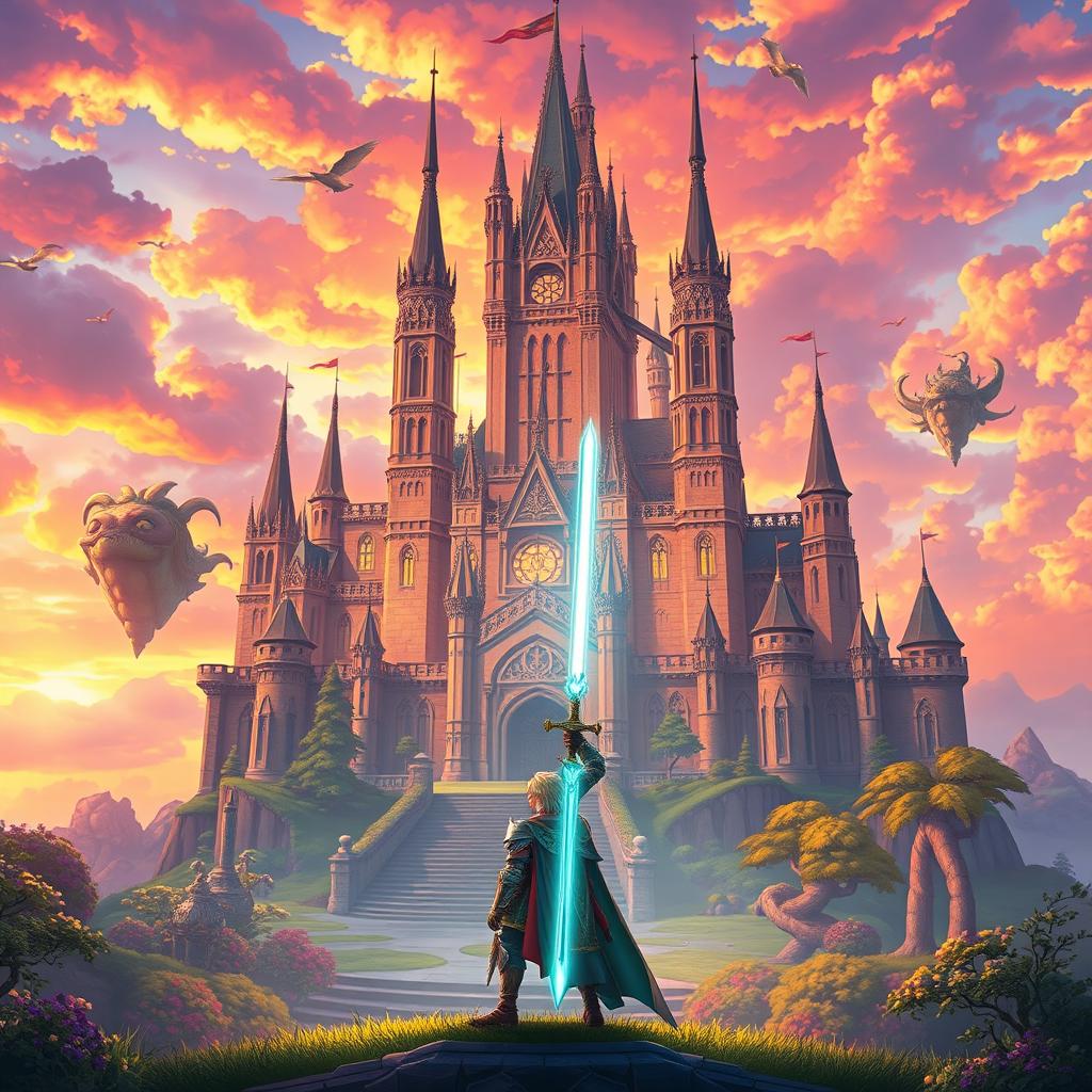 An enchanting isekai fantasy book cover featuring a majestic castle in the background, surrounded by lush, magical landscapes