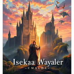 An enchanting isekai fantasy book cover featuring a majestic castle in the background, surrounded by lush, magical landscapes
