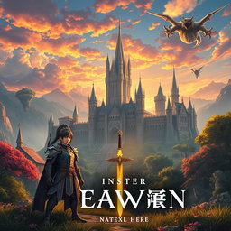 An enchanting isekai fantasy book cover featuring a majestic castle in the background, surrounded by lush, magical landscapes