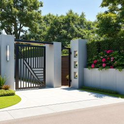 A stunning modern entry gate designed with sleek lines and an artistic flair, featuring a combination of metal and glass materials