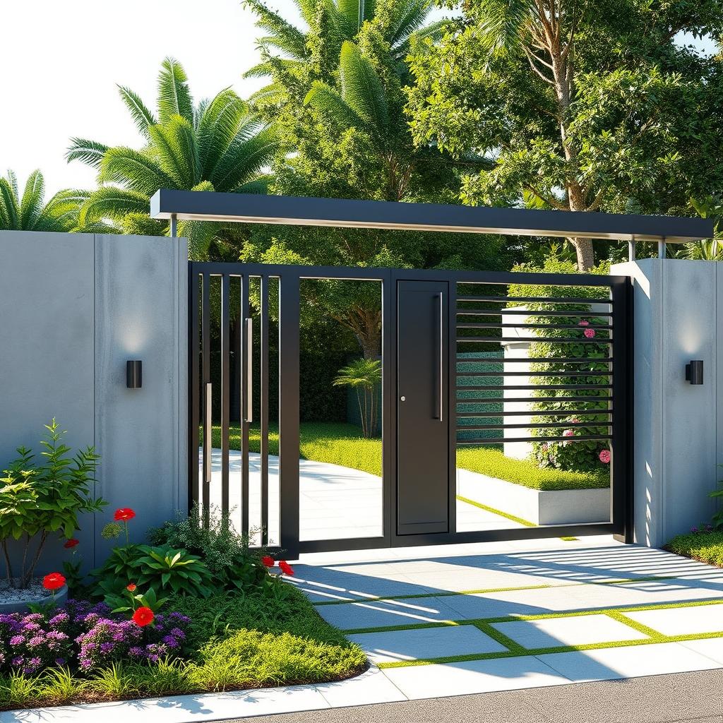 A stunning modern entry gate designed with sleek lines and an artistic flair, featuring a combination of metal and glass materials