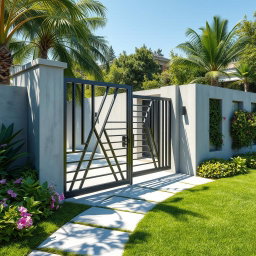 A stunning modern entry gate designed with sleek lines and an artistic flair, featuring a combination of metal and glass materials