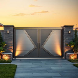 A contemporary main entry gate featuring a sleek, modern design, crafted from high-quality materials like brushed stainless steel and tempered glass