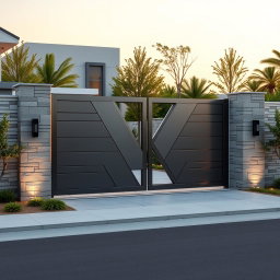 A contemporary main entry gate featuring a sleek, modern design, crafted from high-quality materials like brushed stainless steel and tempered glass