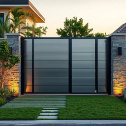 A contemporary main entry gate featuring a sleek, modern design, crafted from high-quality materials like brushed stainless steel and tempered glass