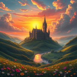 An isekai fantasy book cover featuring a majestic castle set against a vibrant sunset sky