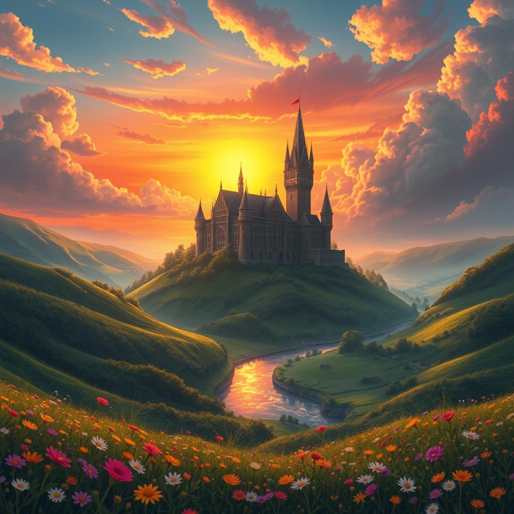 An isekai fantasy book cover featuring a majestic castle set against a vibrant sunset sky