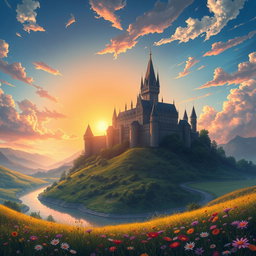 An isekai fantasy book cover featuring a majestic castle set against a vibrant sunset sky