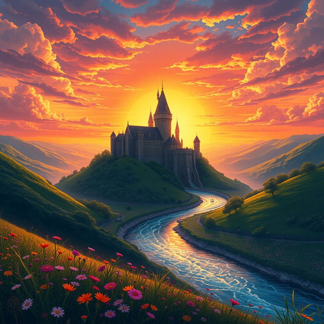 An isekai fantasy book cover featuring a majestic castle set against a vibrant sunset sky