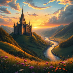 An isekai fantasy book cover featuring a majestic castle set against a vibrant sunset sky