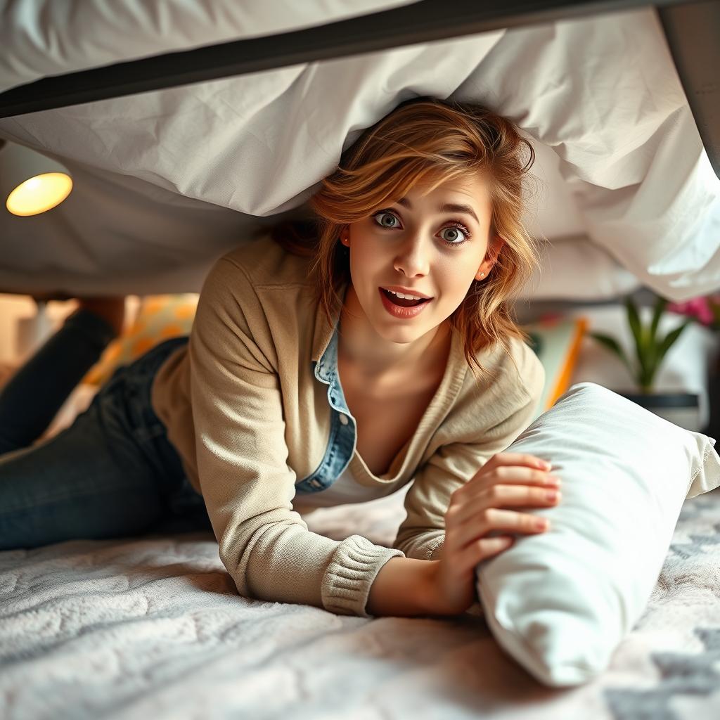 A whimsical scene of a stylish young woman playfully stuck underneath her bed, with her jeans and casual outfit slightly rumpled
