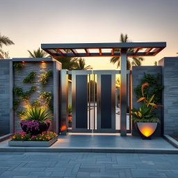 A main entry gate featuring a sleek and modern design, made of stainless steel and glass, with clean lines and geometric shapes