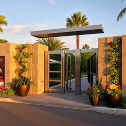 A main entry gate featuring a sleek and modern design, made of stainless steel and glass, with clean lines and geometric shapes