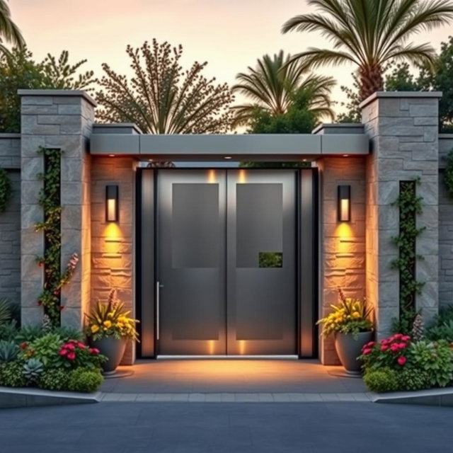 A main entry gate featuring a sleek and modern design, made of stainless steel and glass, with clean lines and geometric shapes