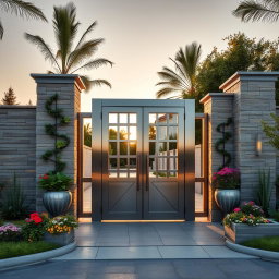 A main entry gate featuring a sleek and modern design, made of stainless steel and glass, with clean lines and geometric shapes