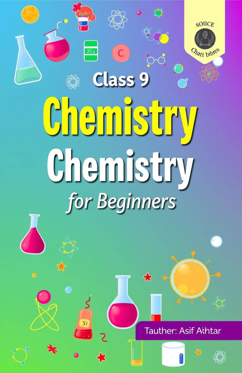 A colorful and engaging textbook cover design for a Class 9 Chemistry textbook titled 'Chemistry for Beginners'