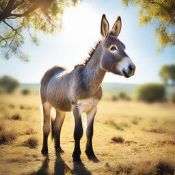 Generate an image of a donkey in a pastoral setting, it's fur rippling in the light breeze and sun high in the azure sky.