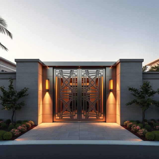 A grand entrance gate designed in a modern style, featuring sleek lines and luxurious materials like brushed stainless steel and glass
