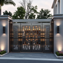 A grand entrance gate designed in a modern style, featuring sleek lines and luxurious materials like brushed stainless steel and glass