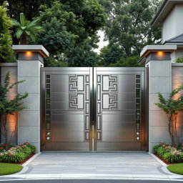 A grand entrance gate designed in a modern style, featuring sleek lines and luxurious materials like brushed stainless steel and glass