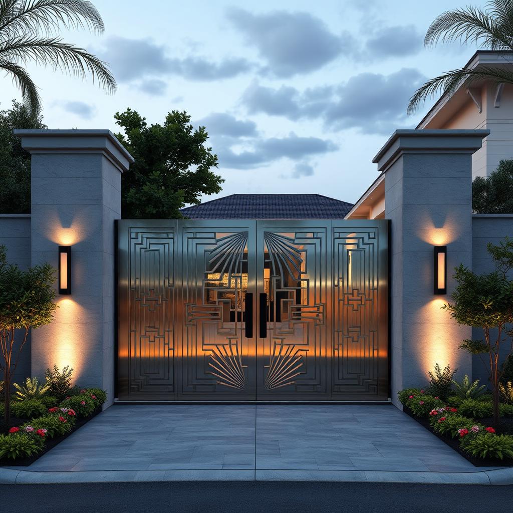 A grand entrance gate designed in a modern style, featuring sleek lines and luxurious materials like brushed stainless steel and glass