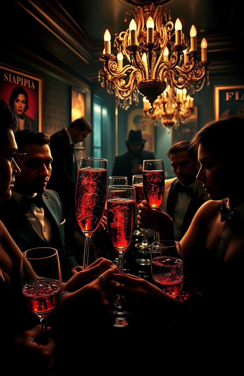 A glamorous scene featuring a lavish champagne party with a dark twist