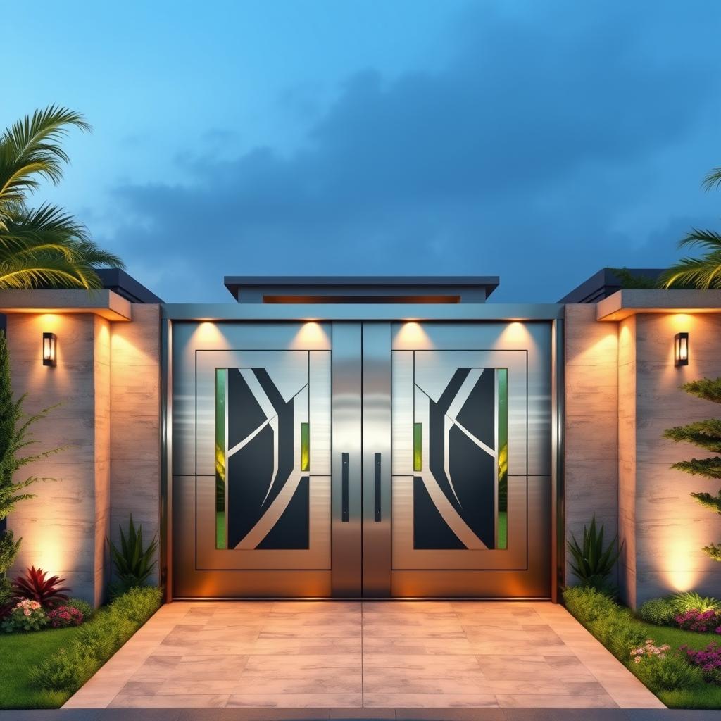 A grand main entry gate with a modern design, featuring two distinct doors: one large door for vehicles and a smaller door for pedestrians