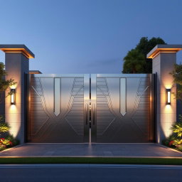 A grand main entry gate with a modern design, featuring two distinct doors: one large door for vehicles and a smaller door for pedestrians