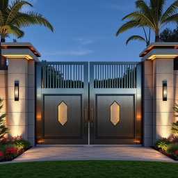 A grand main entry gate with a modern design, featuring two distinct doors: one large door for vehicles and a smaller door for pedestrians