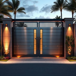 A grand main entry gate with a modern design, featuring two distinct doors: one large door for vehicles and a smaller door for pedestrians