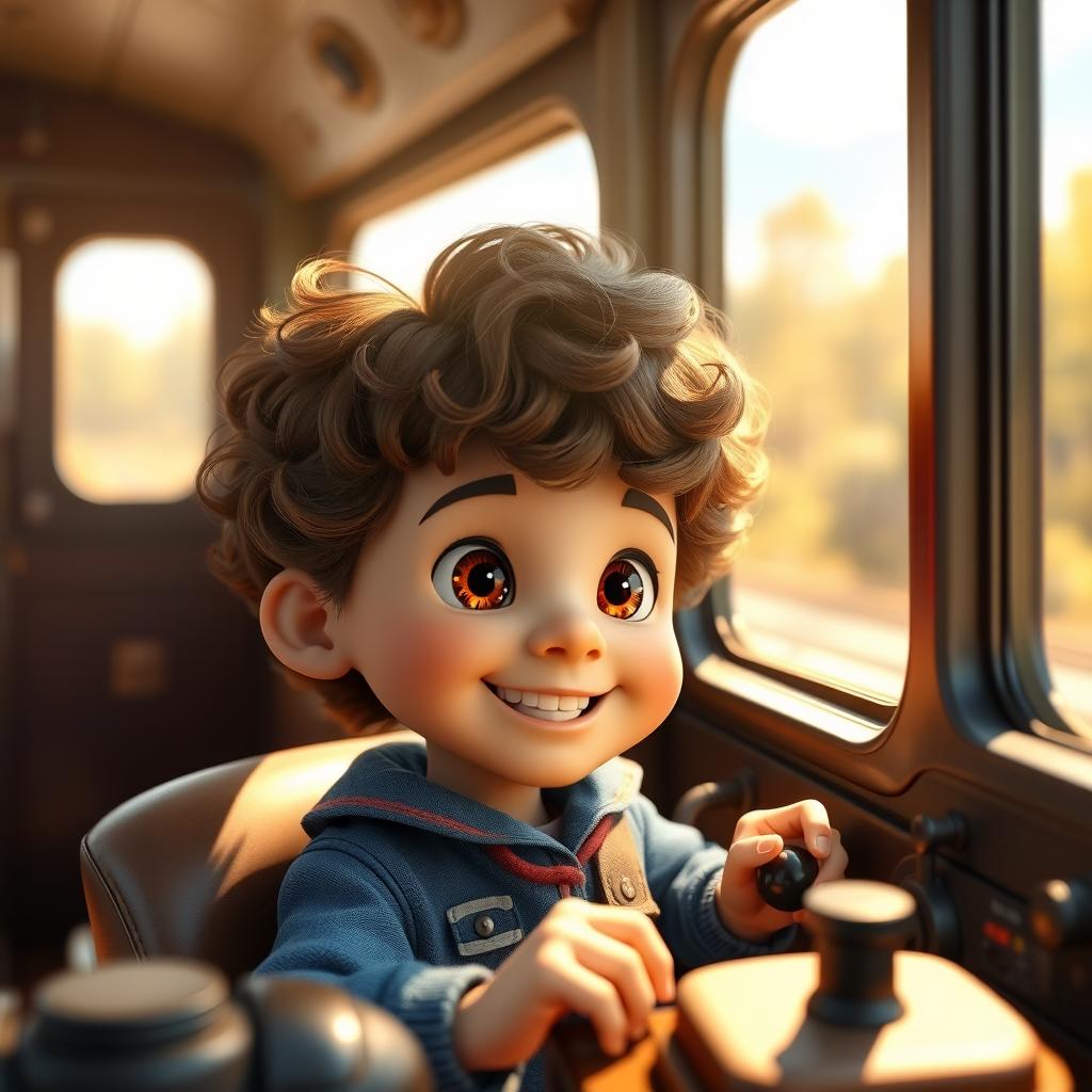 A 3D scene featuring a little boy named Nick as a train driver, looking out the train window with a joyful expression