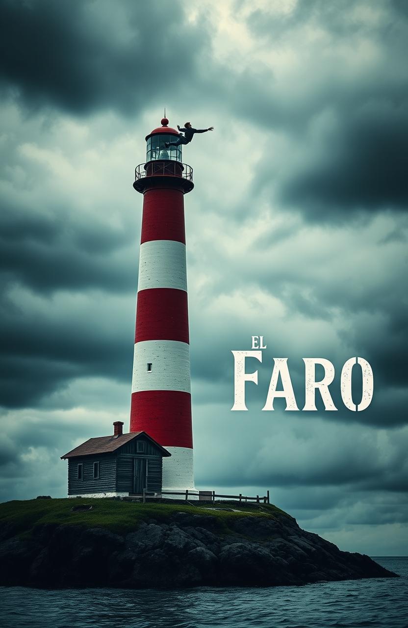 A lighthouse with red and white stripes standing tall on an island
