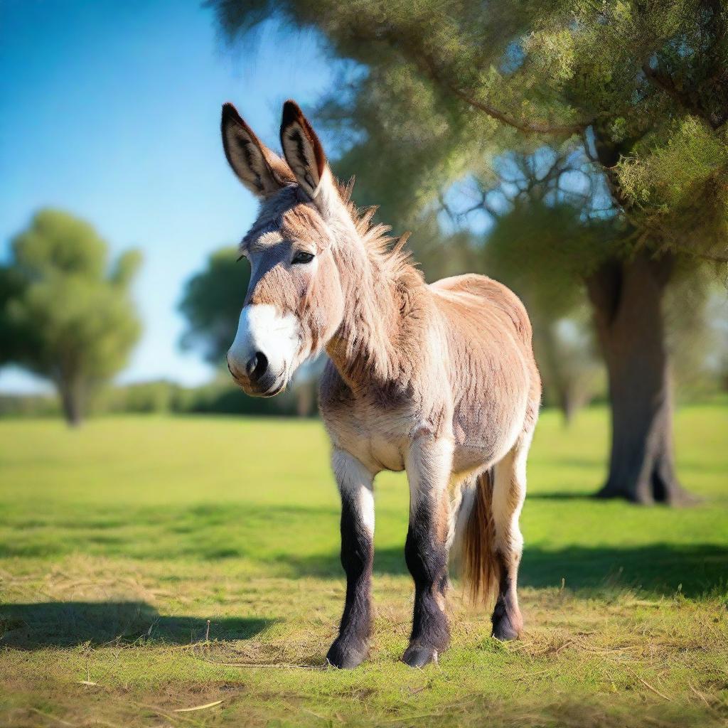 Generate an image of a donkey in a pastoral setting, it's fur rippling in the light breeze and sun high in the azure sky.