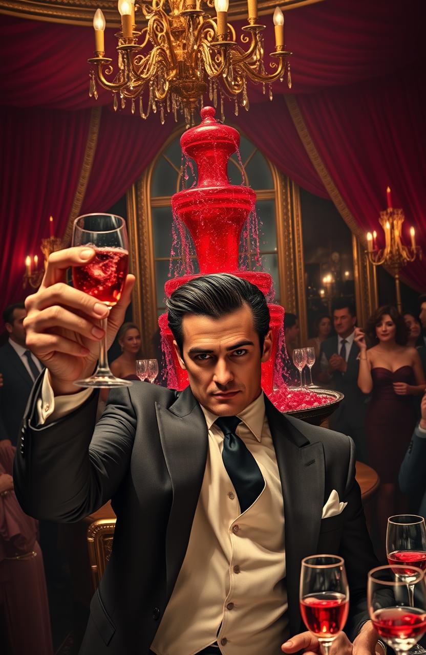 A luxurious scene depicting a lavish celebration hosted by the Genovese crime family, featuring a blood-red champagne fountain pouring into crystal flutes