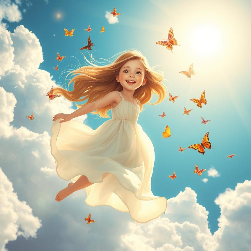 A beautiful girl with flowing hair, smiling joyfully, floating in a bright blue sky filled with fluffy white clouds