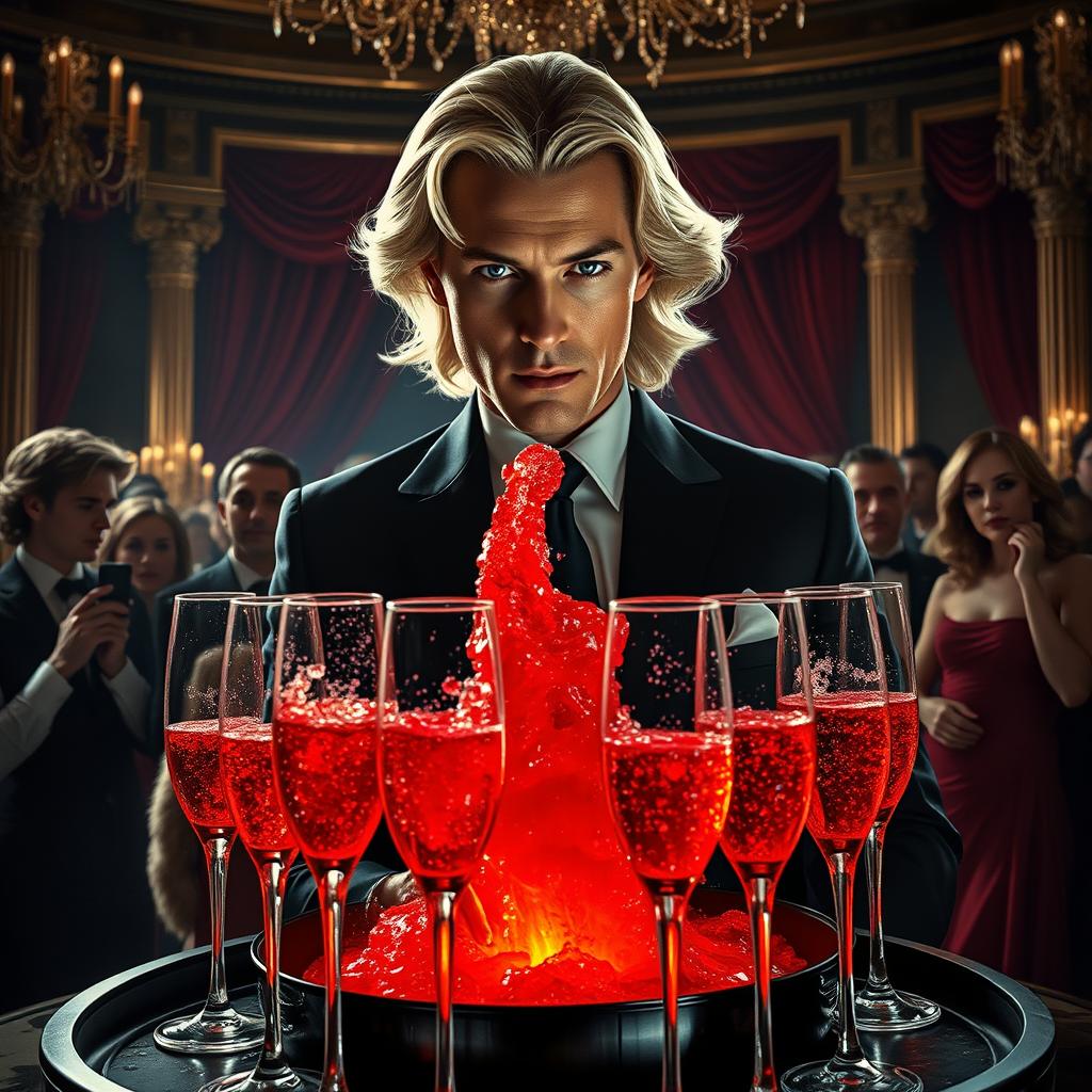 A striking scene depicting a luxurious celebration hosted by the Genovese crime family, centering on a charismatic man resembling Caesar Genovese