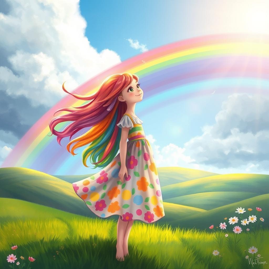 A vibrant and colorful depiction of a girl standing under a magnificent rainbow