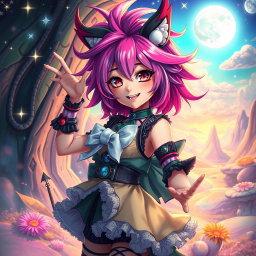 A vibrant and fantastical depiction of a futanari character with striking features, such as colorful hair and an elaborate outfit
