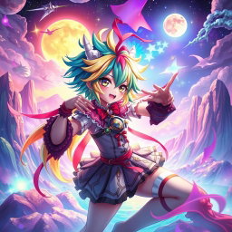 A vibrant and fantastical depiction of a futanari character with striking features, such as colorful hair and an elaborate outfit