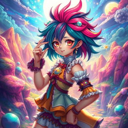 A vibrant and fantastical depiction of a futanari character with striking features, such as colorful hair and an elaborate outfit