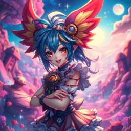 A vibrant and fantastical depiction of a futanari character with striking features, such as colorful hair and an elaborate outfit