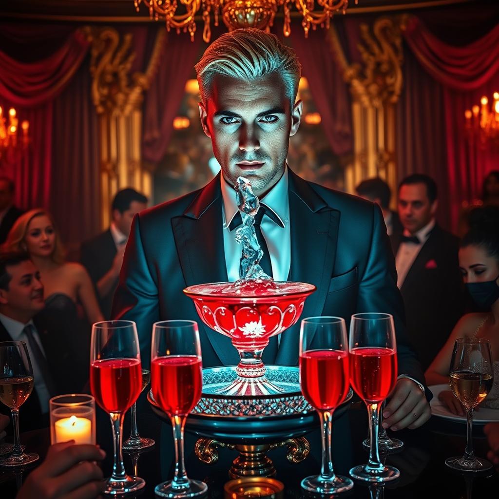 An elegant scene capturing a luxurious celebration hosted by the Genovese crime family, showcasing a striking man resembling Caesar Genovese