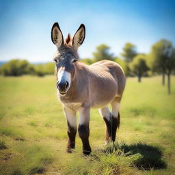 Generate an image of a donkey in a pastoral setting, it's fur rippling in the light breeze and sun high in the azure sky.