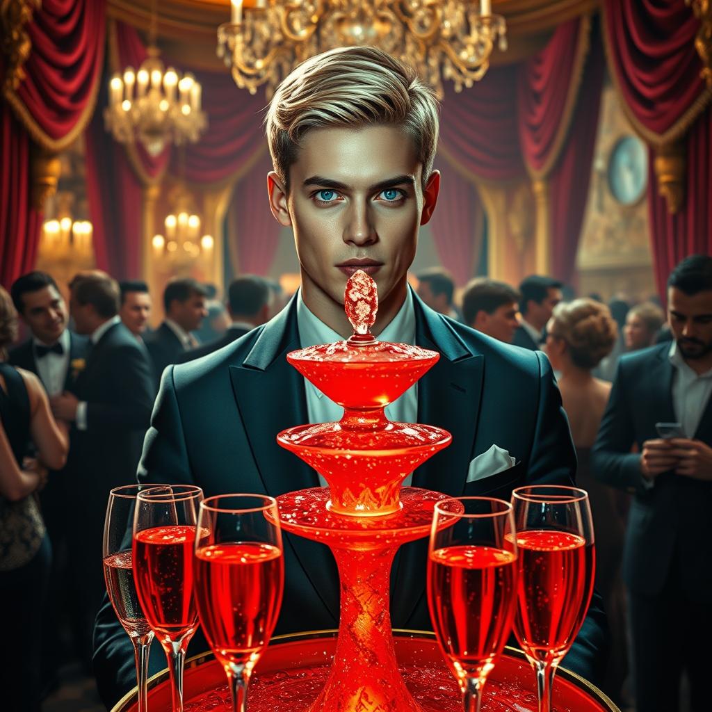 A captivating scene depicting a lavish celebration associated with the Genovese crime family, centered around a handsome young man resembling Caesar Genovese