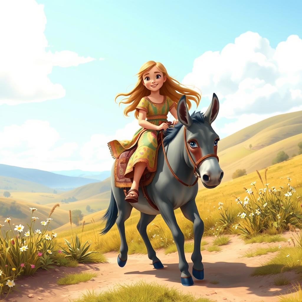 A charming scene featuring a girl riding a beautiful gray donkey in a picturesque countryside setting