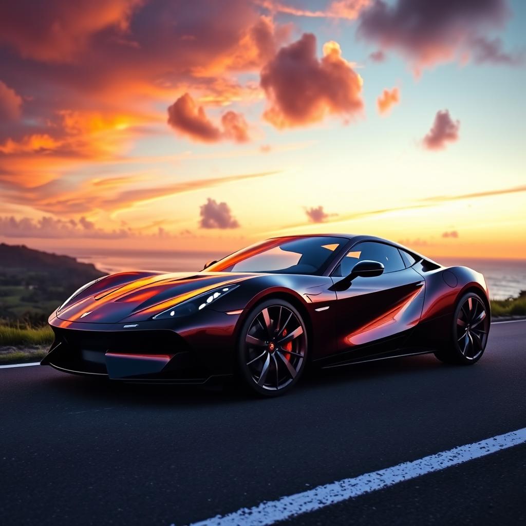 A sleek, modern sports car parked on a coastal road during sunset, with vibrant orange and purple hues in the sky reflecting on the car's glossy surface