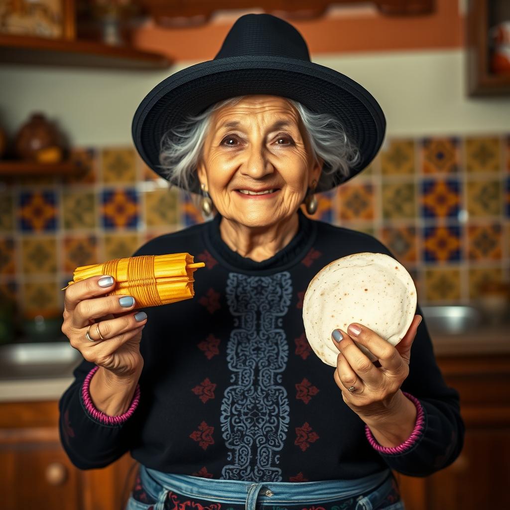 An elderly woman, abuela, wearing a traditional black hat, standing proudly while holding a freshly made tamale in one hand and a soft tortilla in the other