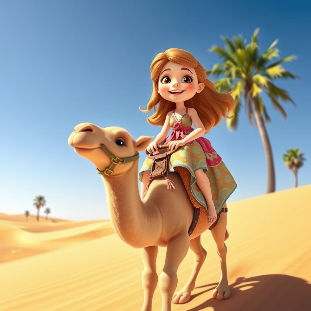 A delightful scene featuring a girl riding a small, adorable camel in a sunny desert landscape